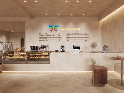 New Splendid Coffee Shop Interior With Butterfly Logo Display Case Pastries And Coffee Machines 3d model