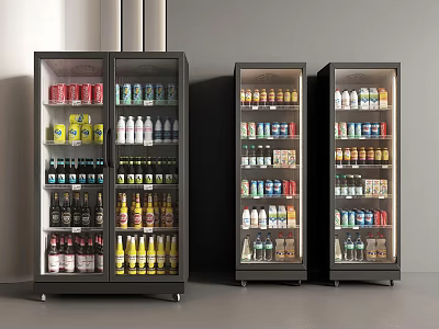 Three Glass Door Commercial Refrigerators Filled With Various Beverages For Store 3d model