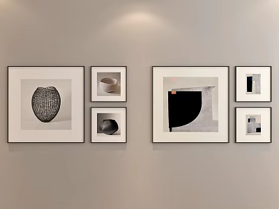 White Framed Abstract Paintings Arranged With Geometric Shapes On Light Gray Wall 3d model