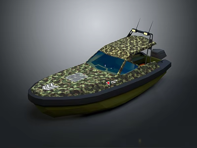 Camouflage Patterned Boat Design With Blue Cockpit Antennas And Green Hull 3d model