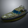 Camouflage Patterned Boat Design With Blue Cockpit Antennas And Green Hull
