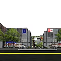 Modern Commercial Street With Contemporary Buildings Tree Lined Storefronts And Pedestrian Areas