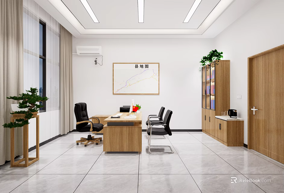 Modern Open Office Interior With Wooden Desk Black Chairs Green Plants And Wall Chart 3d model 