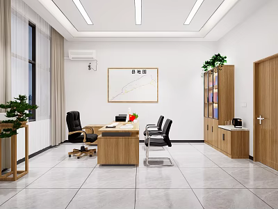 Modern Open Office Interior With Wooden Desk Black Chairs Green Plants And Wall Chart 3d model