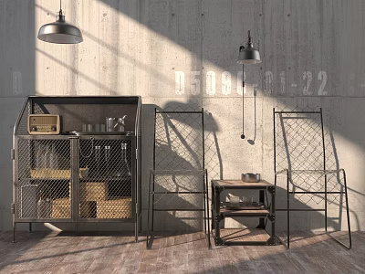 Industrial Metal Sideboard With Open Design Metal Chairs And Pendant Lights On Wooden Floor 3d model