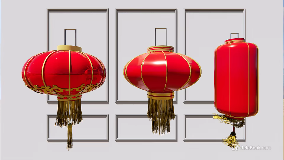 Red Chinese Lanterns With Golden Decorations And Tassels In Different Shapes 3d model 