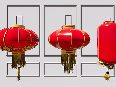 Red Chinese Lanterns With Golden Decorations And Tassels In Different Shapes 3d model
