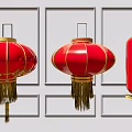 Red Chinese Lanterns With Golden Decorations And Tassels In Different Shapes