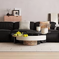 Modern Living Room Interior With Beige Sofa Round Coffee Tables Wooden Shelf And Natural Light