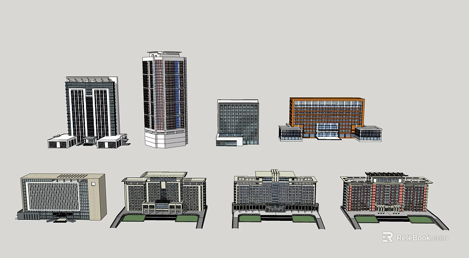 Modern Office Buildings Featuring Diverse Architectural Styles Glass Facades And Heights 3d model 