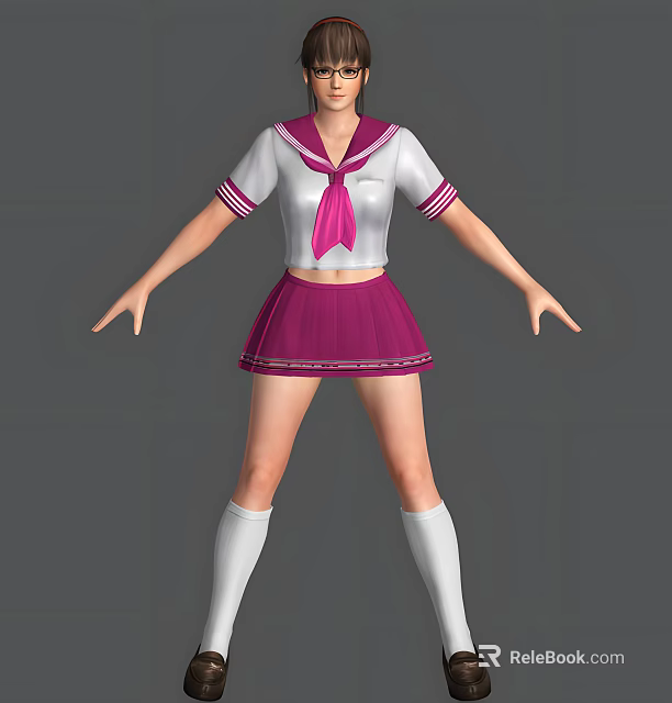 Woman In White Short Sleeve Sailor Uniform With Pink Bow Pleated Skirt And White Socks 3d model 