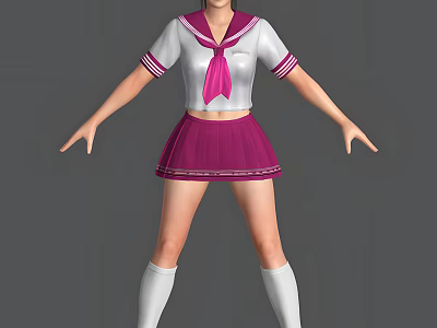 Woman In White Short Sleeve Sailor Uniform With Pink Bow Pleated Skirt And White Socks 3d model