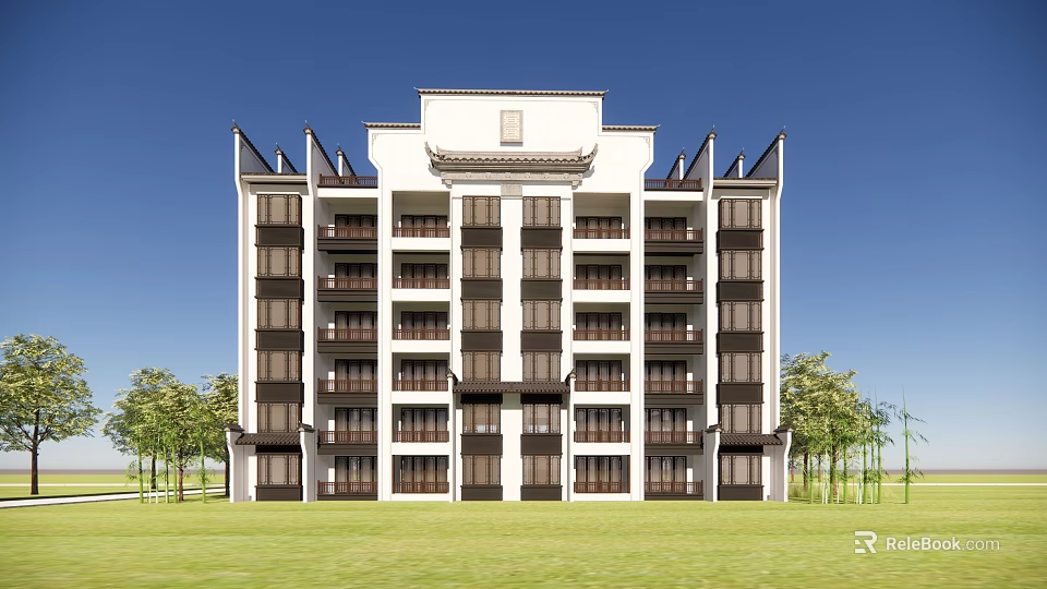 Traditional Style Modern Residential Building with Green Lawn and Trees Under Blue Sky 3d model 