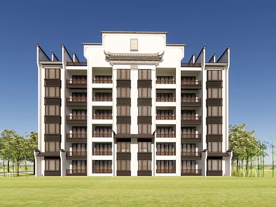 Traditional Style Modern Residential Building with Green Lawn and Trees Under Blue Sky 3d model