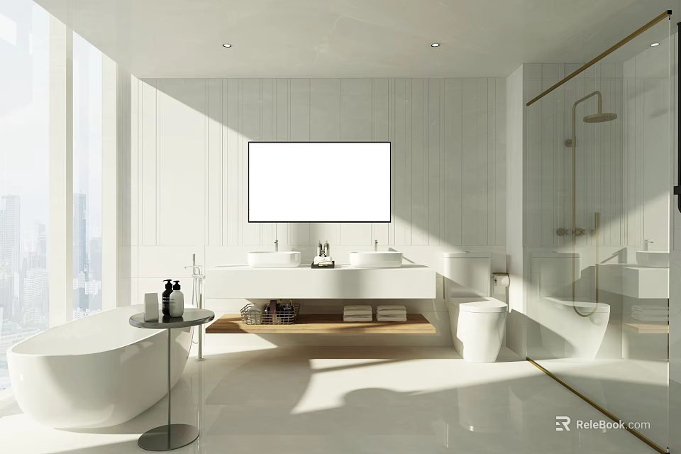Modern Bathroom Interior Design With White Tiles Double Sinks Bathtub Large Windows And Wooden Shelf 3d model 