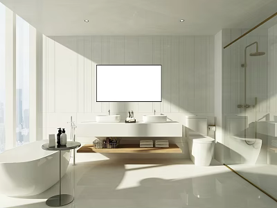 Modern Bathroom Interior Design With White Tiles Double Sinks Bathtub Large Windows And Wooden Shelf 3d model