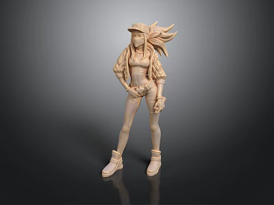3D Female Action Figure Sculpture With Long Hair Hat Shorts And Boots On Dark Background 3d model
