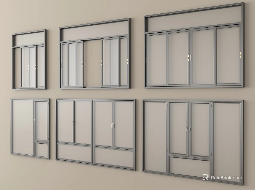 Various Modern Glass Window Designs With Different Frame Styles On Wall 3d model