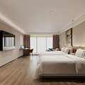 Modern Hotel Room Interior With Comfortable Bed Large Window Wooden Floor And Desk Chair