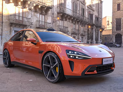 Modern Orange Sports Car Parked On Stone Pavement By Historic Buildings 3d model