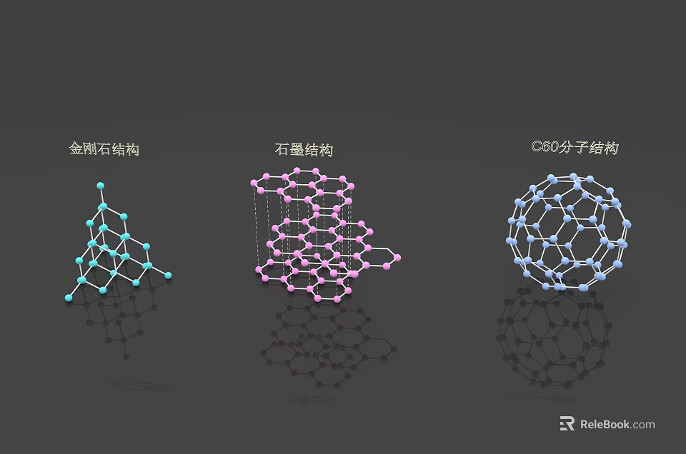 Detailed Diamond Graphite and C60 Molecular Structure Sculptures with Geometric Design 3d model 