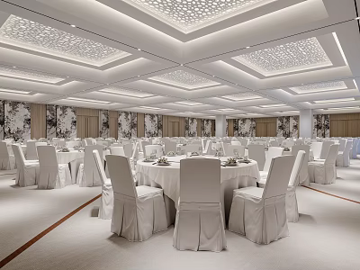 Elegant Banquet Hall Interior With White Table Settings And Intricate Ceiling Designs 3d model
