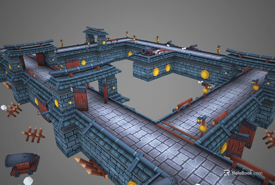 Medieval Castle Fortress Interior With Stone Walls Paths Wooden Doors Round Windows And Yellow Lanterns 3d model 
