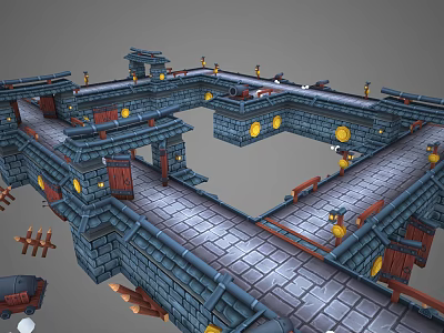 Medieval Castle Fortress Interior With Stone Walls Paths Wooden Doors Round Windows And Yellow Lanterns 3d model
