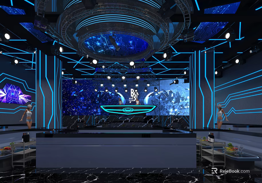 Futuristic Modern Bar With Starry Sky Theme Blue Lighting And Stylish Bar Counter 3d model 
