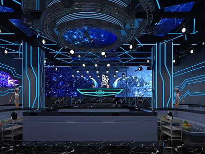 Futuristic Modern Bar With Starry Sky Theme Blue Lighting And Stylish Bar Counter 3d model