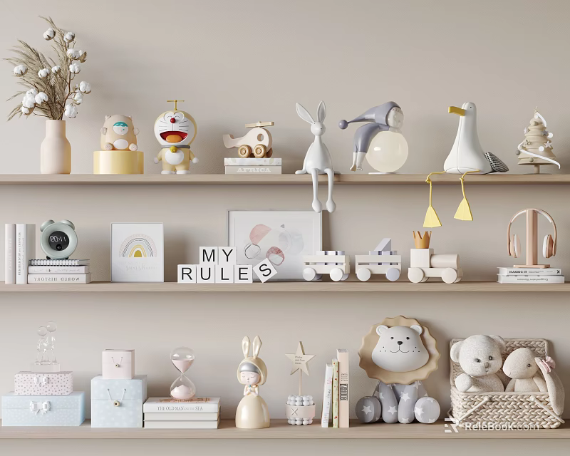 Home Shelf Decorative Ornament Arrangement with Plush Toys Train Model Photo Frames and Figurines 3d model 