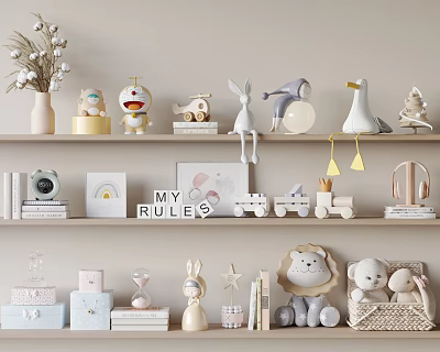 Home Shelf Decorative Ornament Arrangement with Plush Toys Train Model Photo Frames and Figurines 3d model