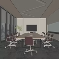 Modern Conference Room Interior With Large Windows City View Long Wooden Table Red Chairs