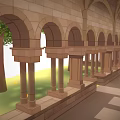 Cartoon Style Arched Stone Corridor With Columns Stone Floor Green Plants And Small Decorations