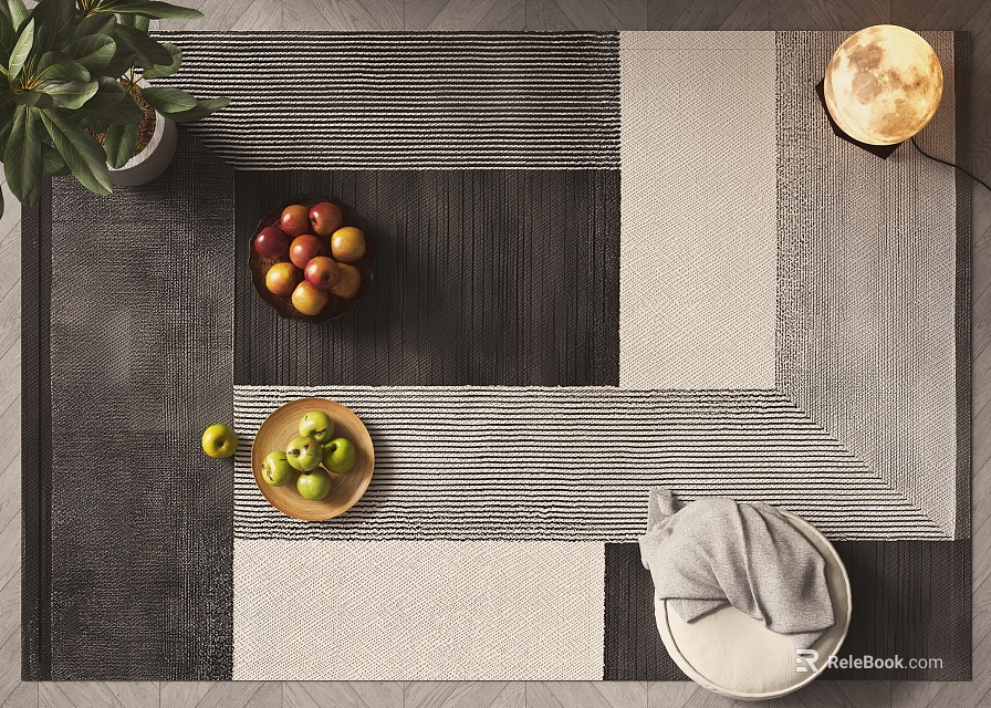 Square Rug With Gray White Geometric Design In Living Room With Fruit Plates Plant And Towel 3d model 