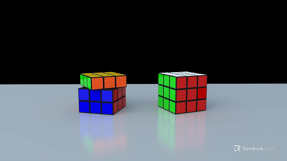 Two Colorful Rubik's Cubes With Different Colored Faces On Gray Surface 3d model 