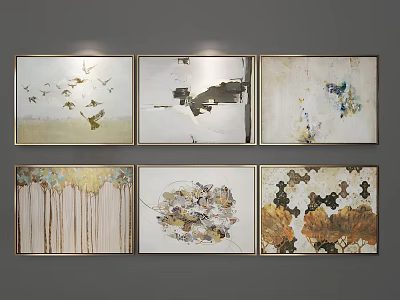 Six Abstract Paintings Hanging on Gray Wall With Varied Styles and Gold Brown Tones 3d model
