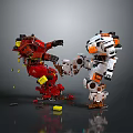 Red Robot With Yellow Components Fighting White Robot Having Orange Parts And Debris On Ground