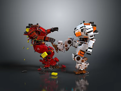 Red Robot With Yellow Components Fighting White Robot Having Orange Parts And Debris On Ground 3d model