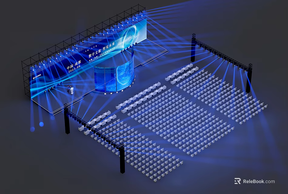 Stage Setup With Blue Lighting Large Screen And Audience Seats 3d model