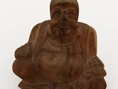 Traditional Wooden Carved Smiling Buddha Statue With Potbelly And Sitting Posture 3d model