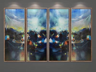 Four Panel Abstract Paintings Framed With Vibrant Colorful Patterns On Wall 3d model