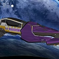 Futuristic Purple Spaceship Flying In Space With Blue Planet Background