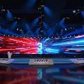 Tobacco and Alcohol Shop Event Stage with Blue Red Lighting and Large Screen Displaying 3