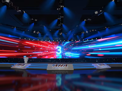 Tobacco and Alcohol Shop Event Stage with Blue Red Lighting and Large Screen Displaying 3 3d model