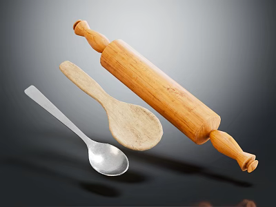 Wooden and Metal Kitchen Utensil Set with Rolling Pin Wooden Spoon and Silver Spoon 3d model