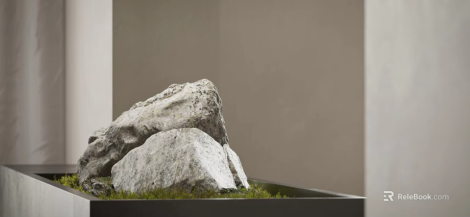 Natural Stones In Wooden Container With Green Grass And Gray Wall Background 3d model 