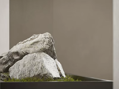 Natural Stones In Wooden Container With Green Grass And Gray Wall Background 3d model