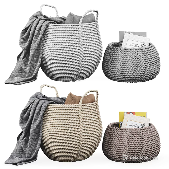 Knitted Storage Baskets in Neutral Tones With Blanket and Books for Home Decor 3d model 