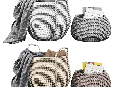 Knitted Storage Baskets in Neutral Tones With Blanket and Books for Home Decor 3d model